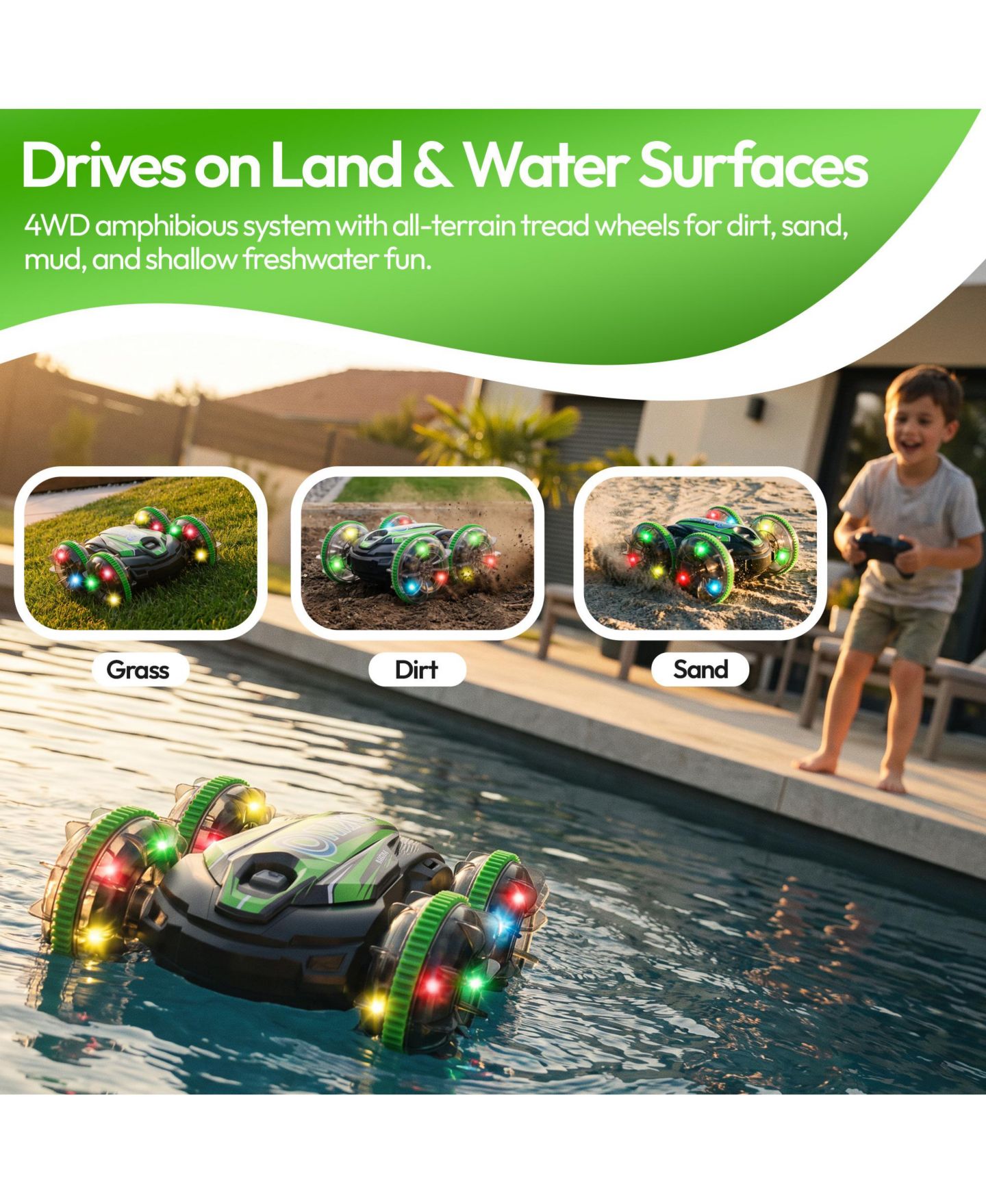 Детская игрушка Contixo AV1 4WD Amphibious RC Stunt Car with LED Lights, цвет: Зелёный — фото 3