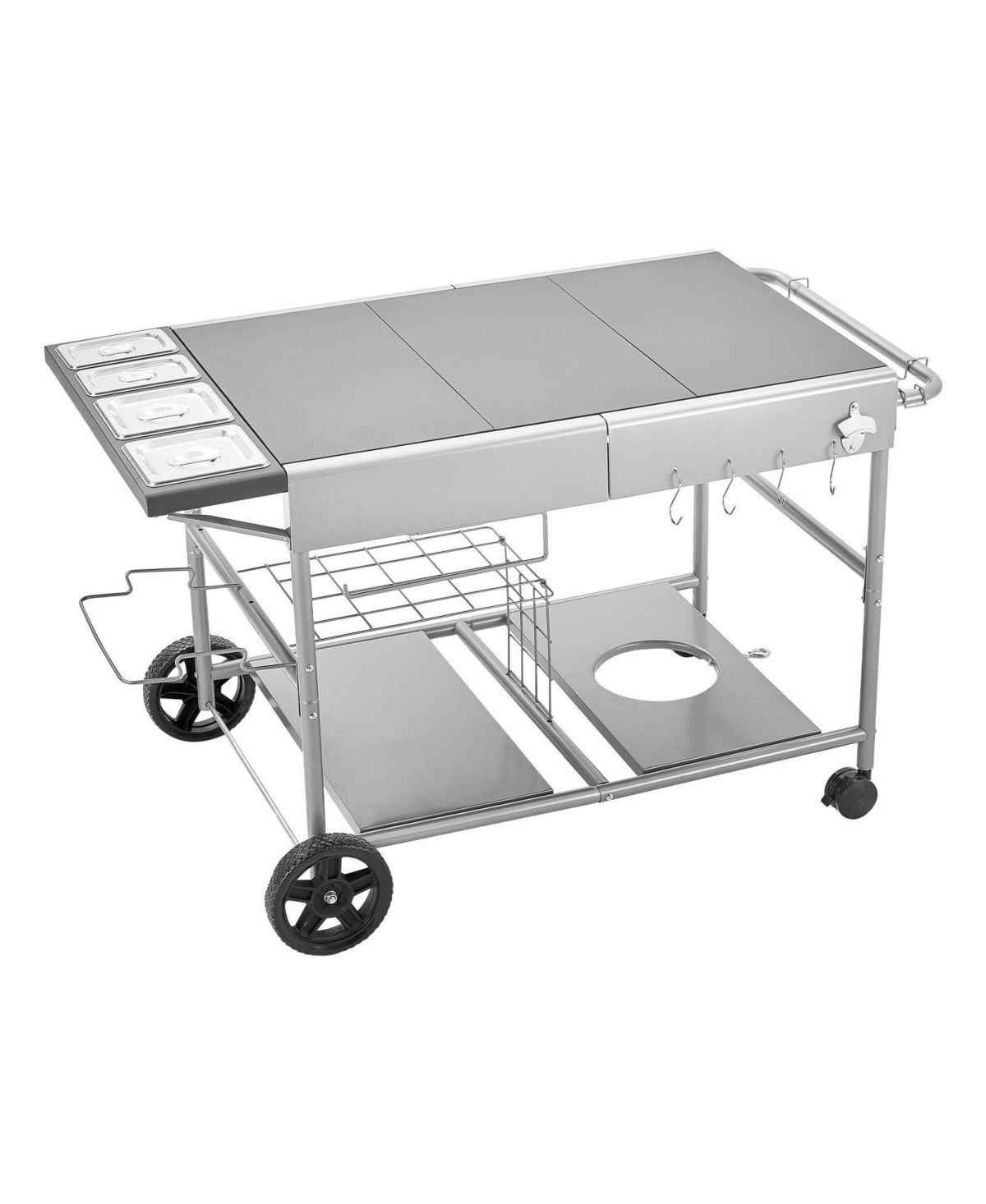 Mountaintop Outdoor Grill Cart, 36.4x23.4x1" Tabletop, Movable Cook Station 4 Spice Jars, Wheels, Lids, Hooks, for Picnic, Kitchen, Courtyard