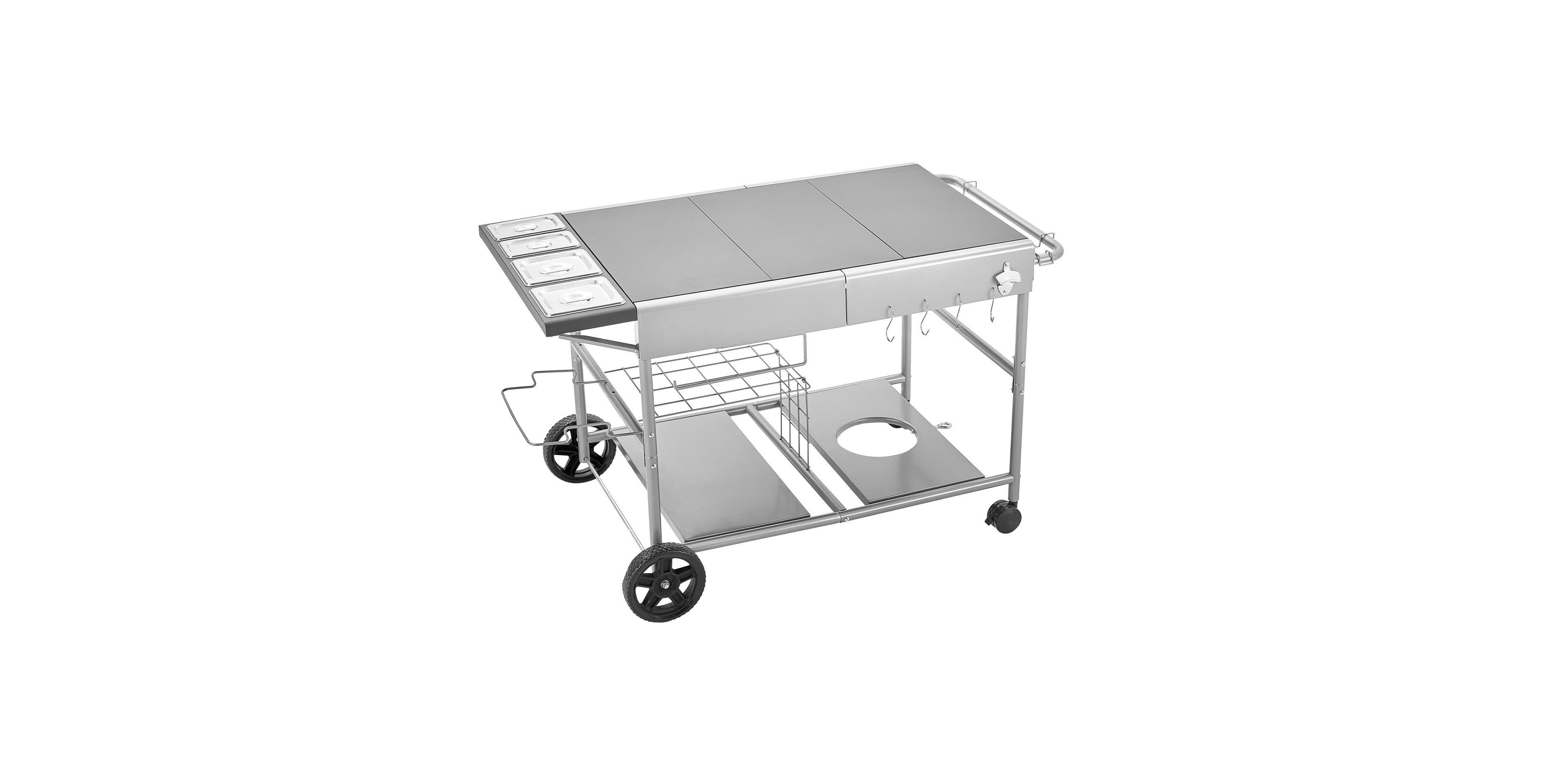 Mountaintop Outdoor Grill Cart, 36.4x23.4x1" Tabletop, Movable Cook Station 4 Spice Jars, Wheels, Lids, Hooks, for Picnic, Kitchen, Courtyard
