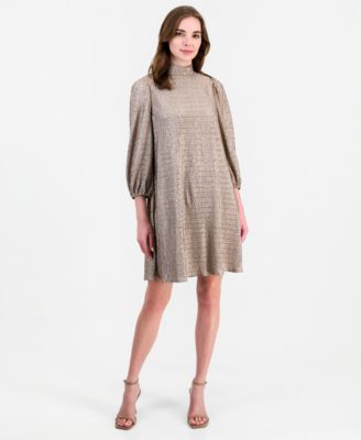 Women's Mock-Neck Three-Quarter-Balloon-Sleeve Foil-Knit A-Line Dress