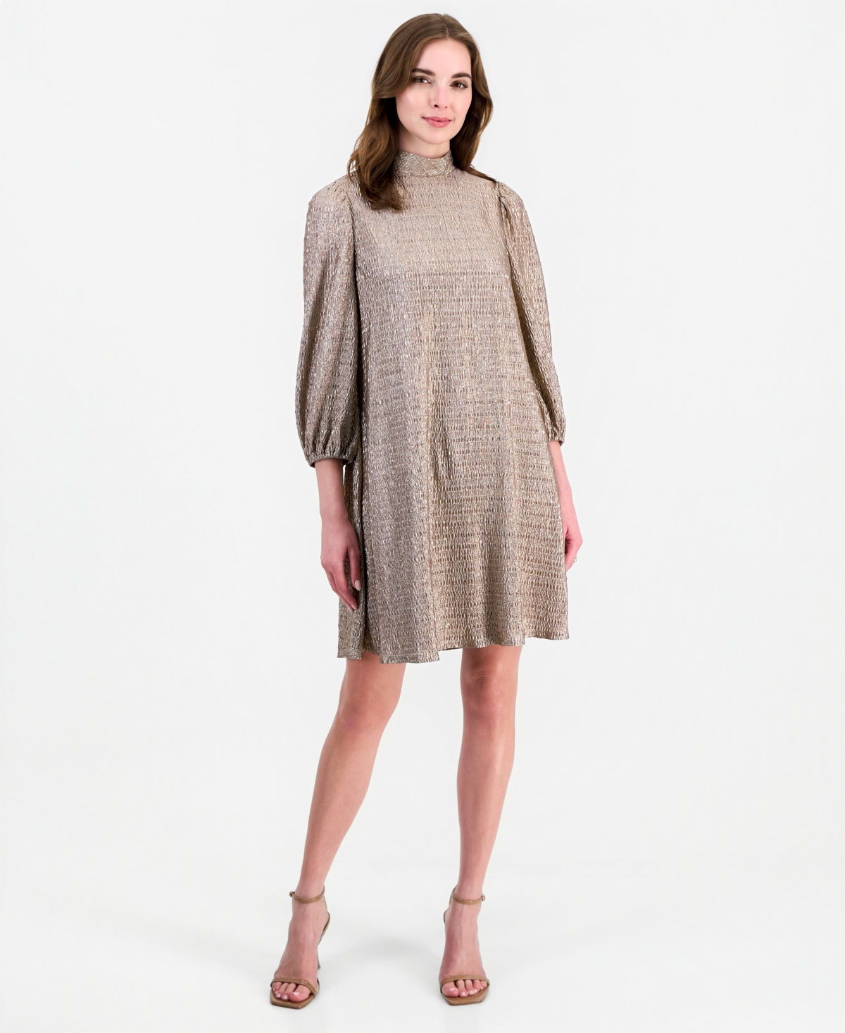 Robbie Bee Women's Mock-Neck Three-Quarter-Balloon-Sleeve Foil-Knit A-Line Dress