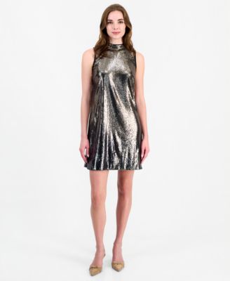 Women's Sequin Mock-Neck Sleeveless Shift Dress