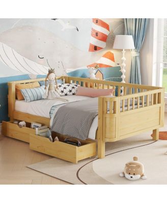 Twin Size Wood Platform Bed with Rails for Kids