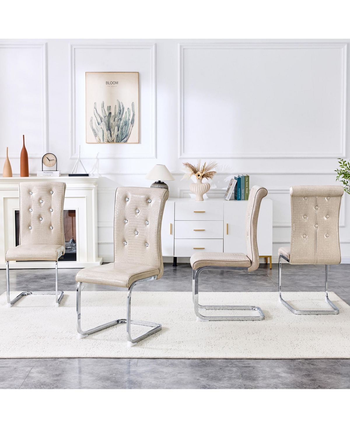 Flynama Set of 2 Retro Alligator Skin Pvc Dining Chairs, Crystal Buckle Chairs with Electroplated Metal Bow Legs
