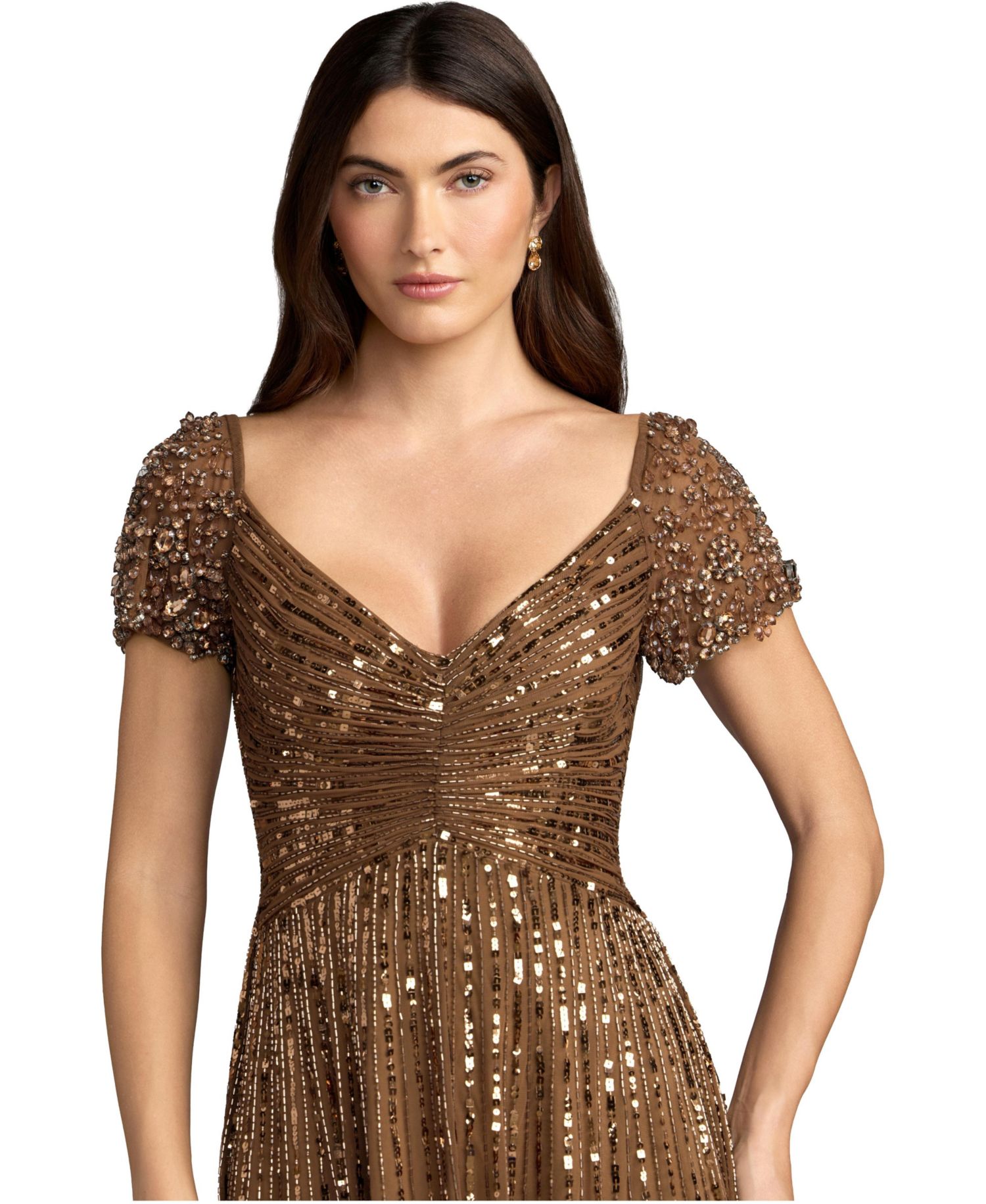 Women's Beaded Cap Sleeve V-Neck A-Line Evening Gown