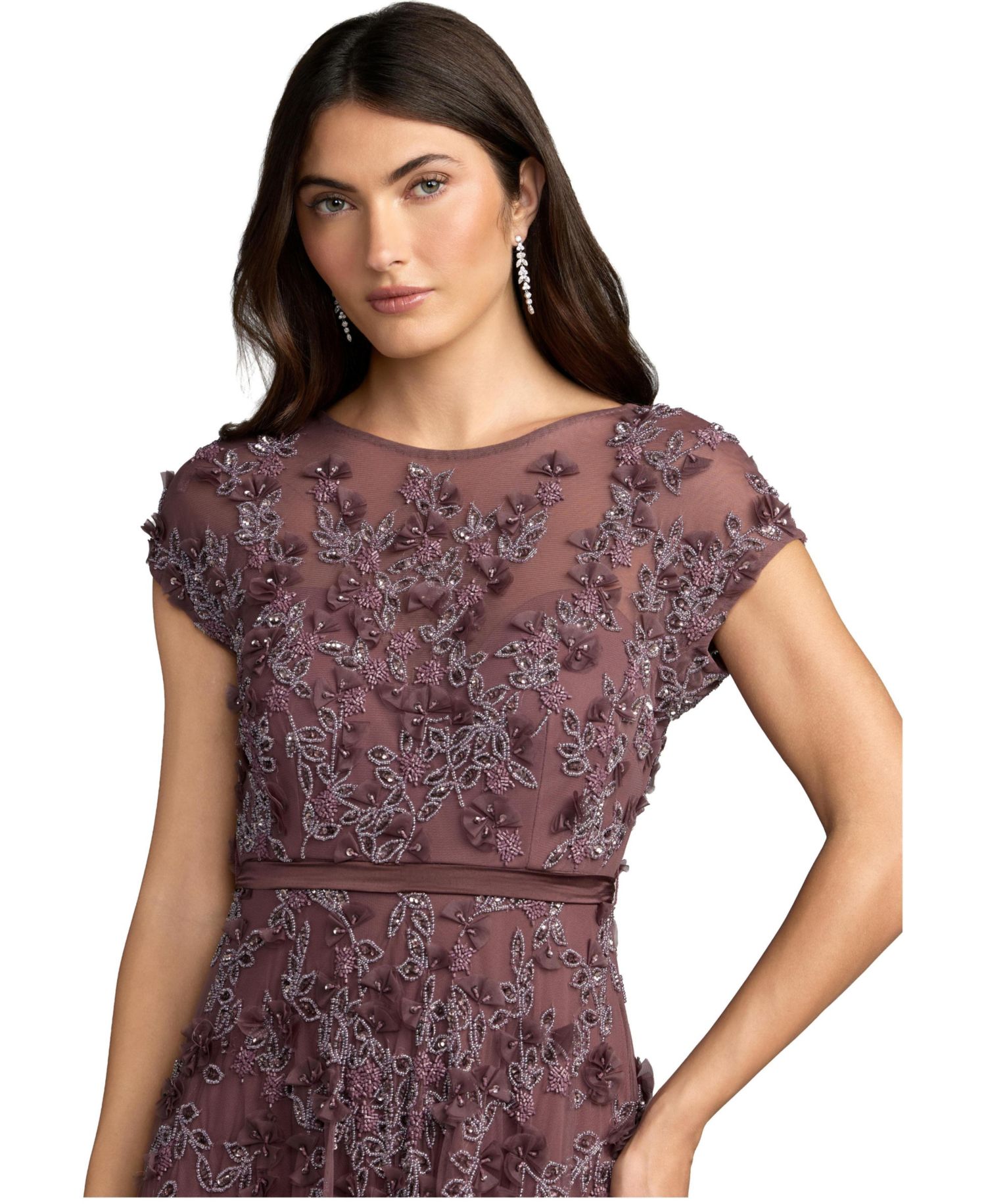 Women's Floral-Embellished A-Line Cap-Sleeve Gown
