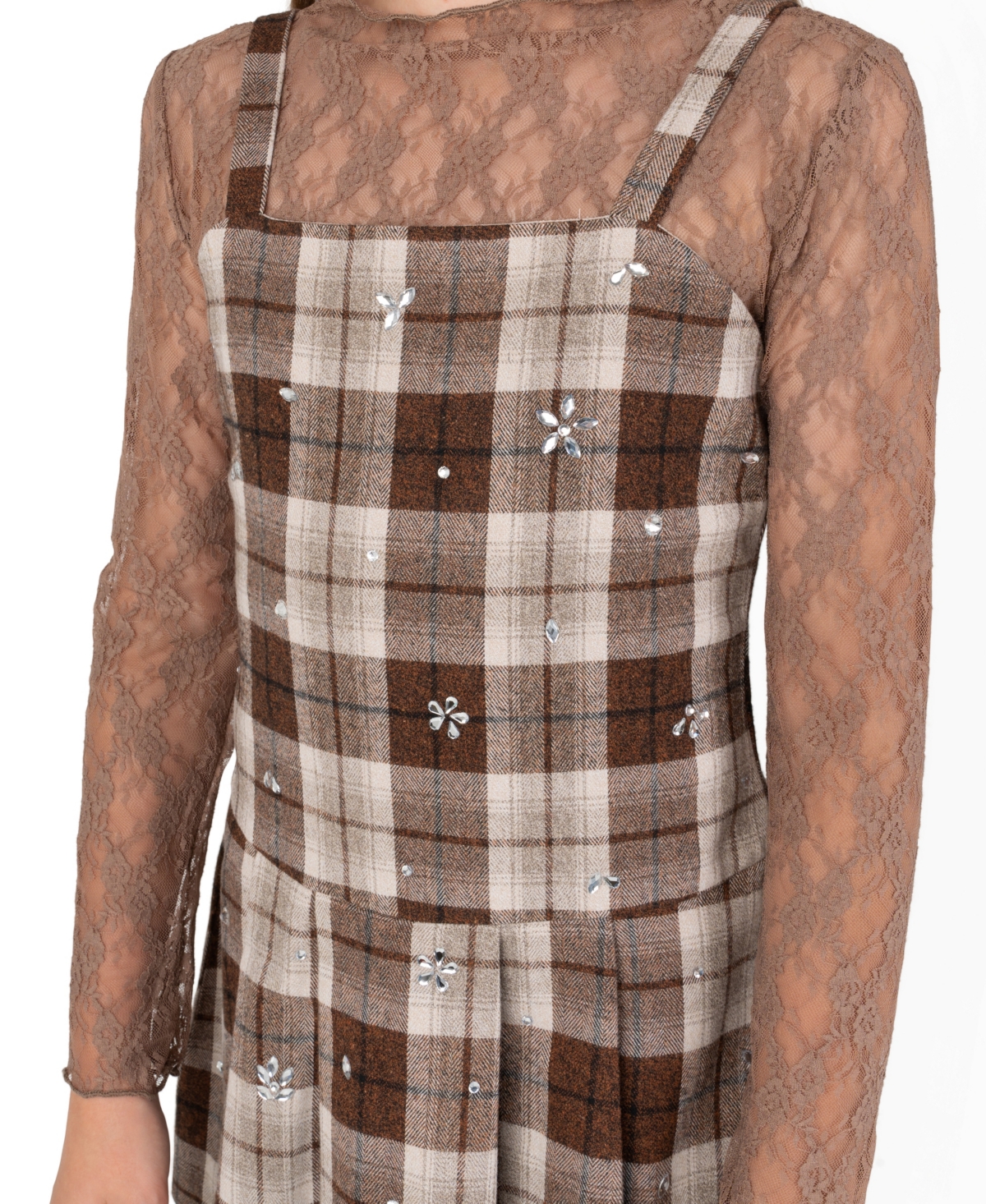 Rare Editions Girls' 7-16 Rhinestone Plaid Jumper and Lace Top, 2-Piece Set