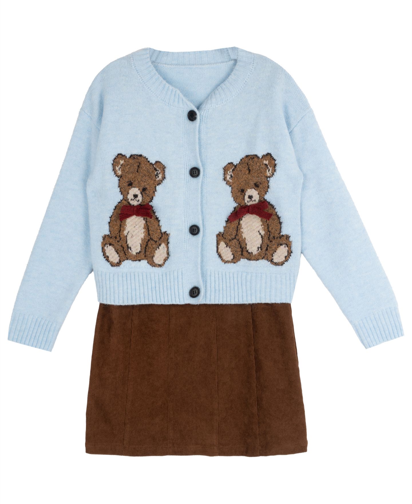 Комплект Rare Editions Teddy Bear Cardigan and Corduroy Jumper Dress, 2-Piece Set для девочек, цвет: Синий / Коричневый — фото 5