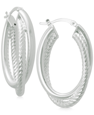 image of Textured and Polished Twisted Hoop Earrings in Sterling Silver