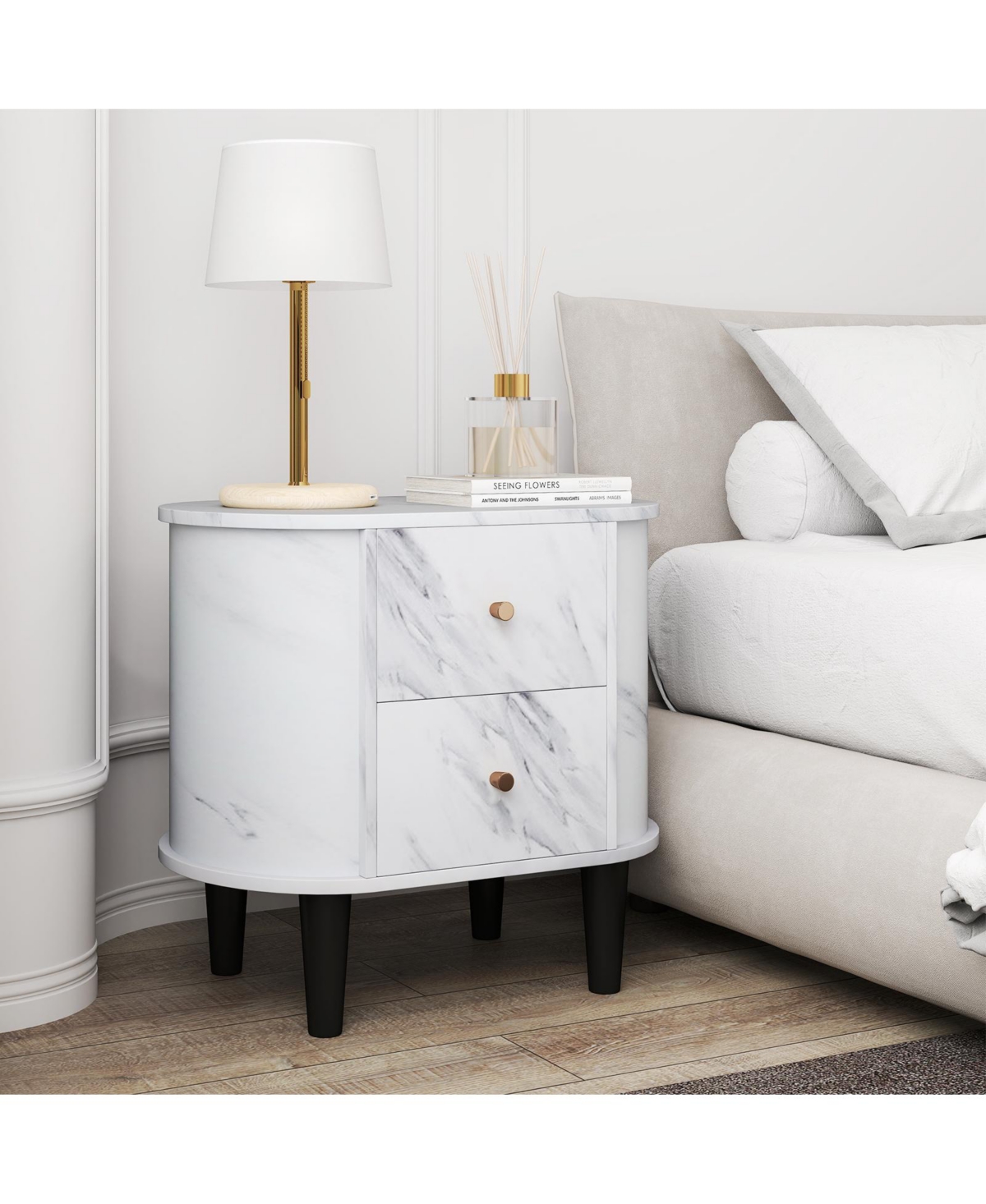 Gymax 2-Pieces Nightstand with 2 Drawers Faux Marble Bedside Table for Small Space
