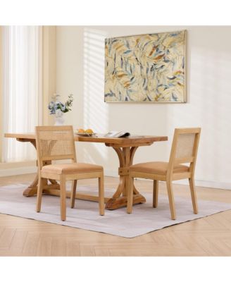  Set of 2 Tan Mid-Century Farmhouse Cane Rattan Dining Chairs, S-Spring Dual Rebound Cushion Solid Hardwood Side Chairs