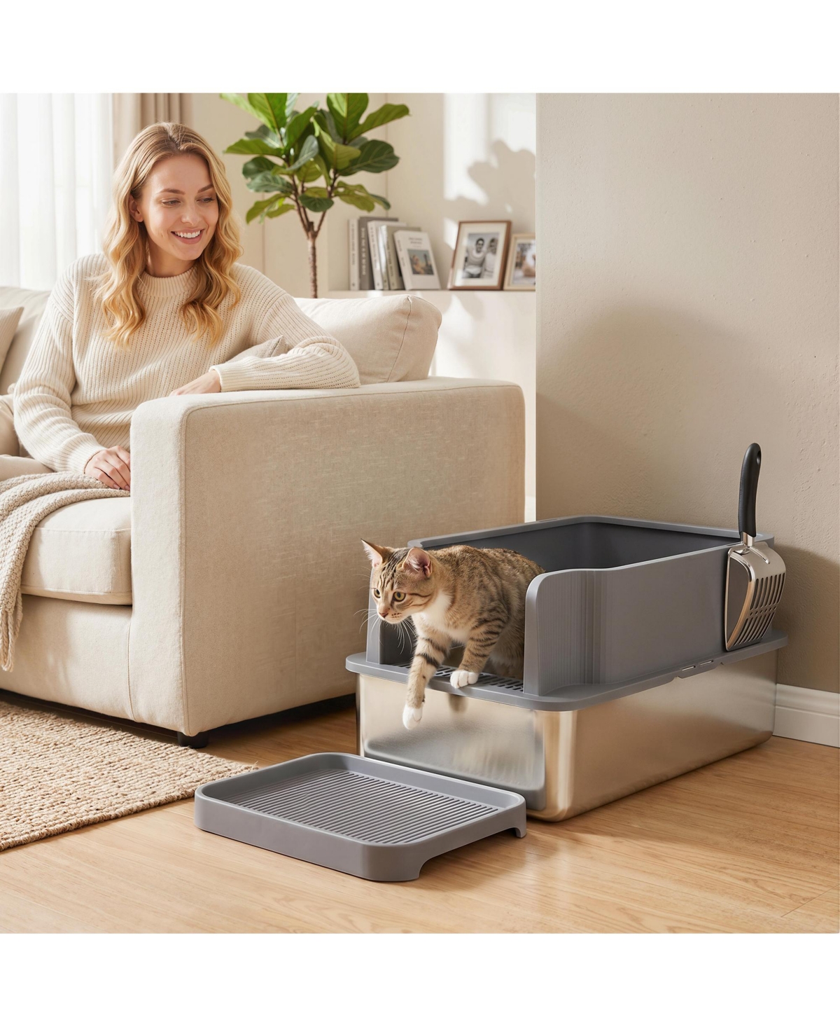 PawHut Stainless Steel Sifting Litter Box for Pine Pellets with Sifter Tray