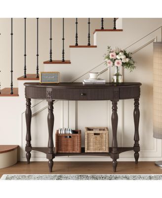  Solid Wood Half Moon Console Table with Drawer and Shelf, Deep Rustic