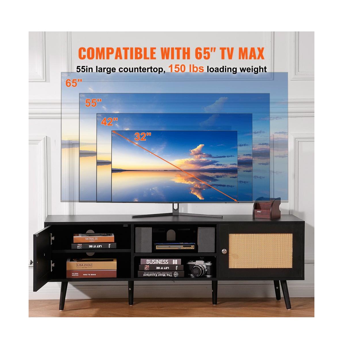 Slickblue Tv Stand with Rattan Doors and Built-In Power Socket, Modern Media Console for Home