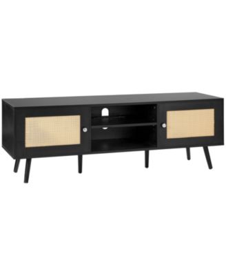 TV Stand with Rattan Doors and Built-In Power Socket, Modern Media Console for Home