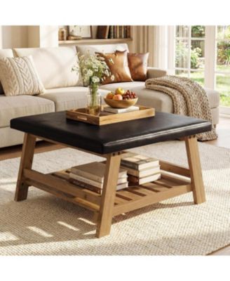 Square Ottoman Coffee Table, 31.5-Inch Faux Leather Ottoman with Solid Wood Storage Shelf