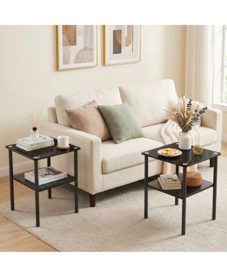 2-Piece Modern Glass and Metal Side Table with Storage Shelf