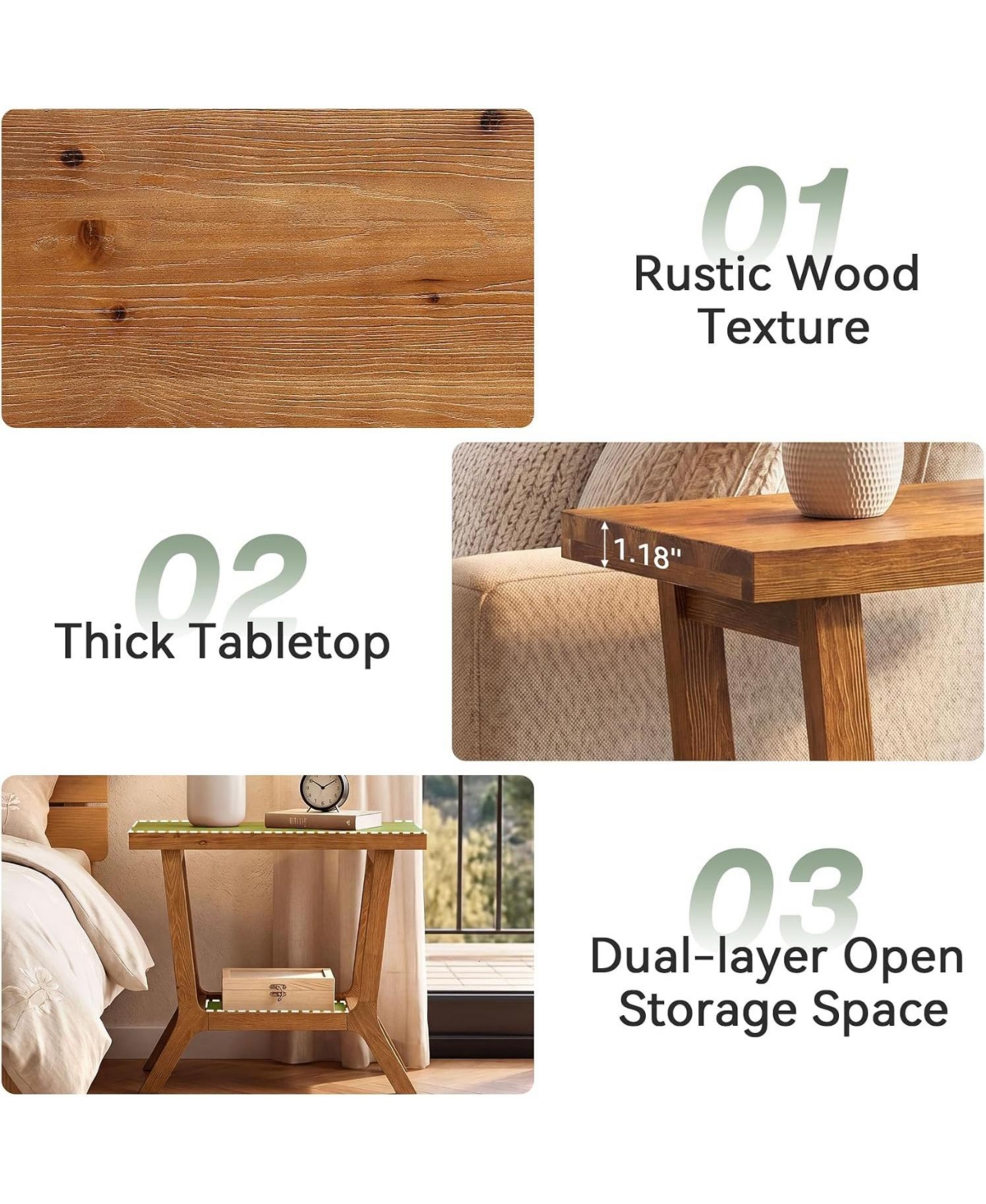 Tribesigns Solid Wood Side Table for Living Room, Small Wooden End Table with 2-Tier Storage