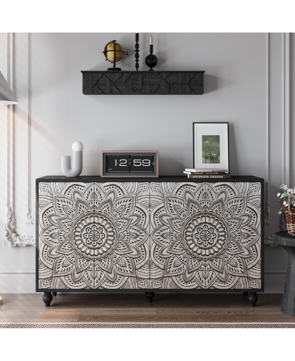 Streamdale Furniture 60" Boho Mandala 3D Embossed 4-Door Sideboard Credenza