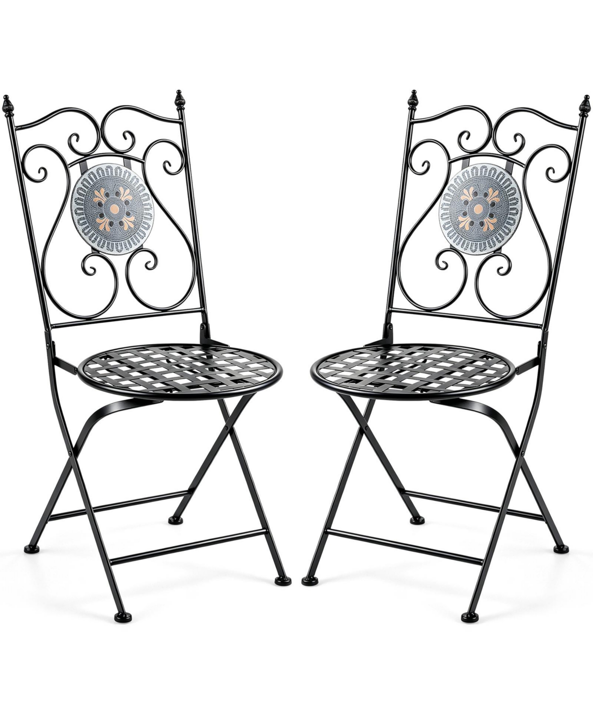 Gymax Set of 2 Mosaic Chairs for Patio with Decorative Backrest Heavy-Duty Frame - Black