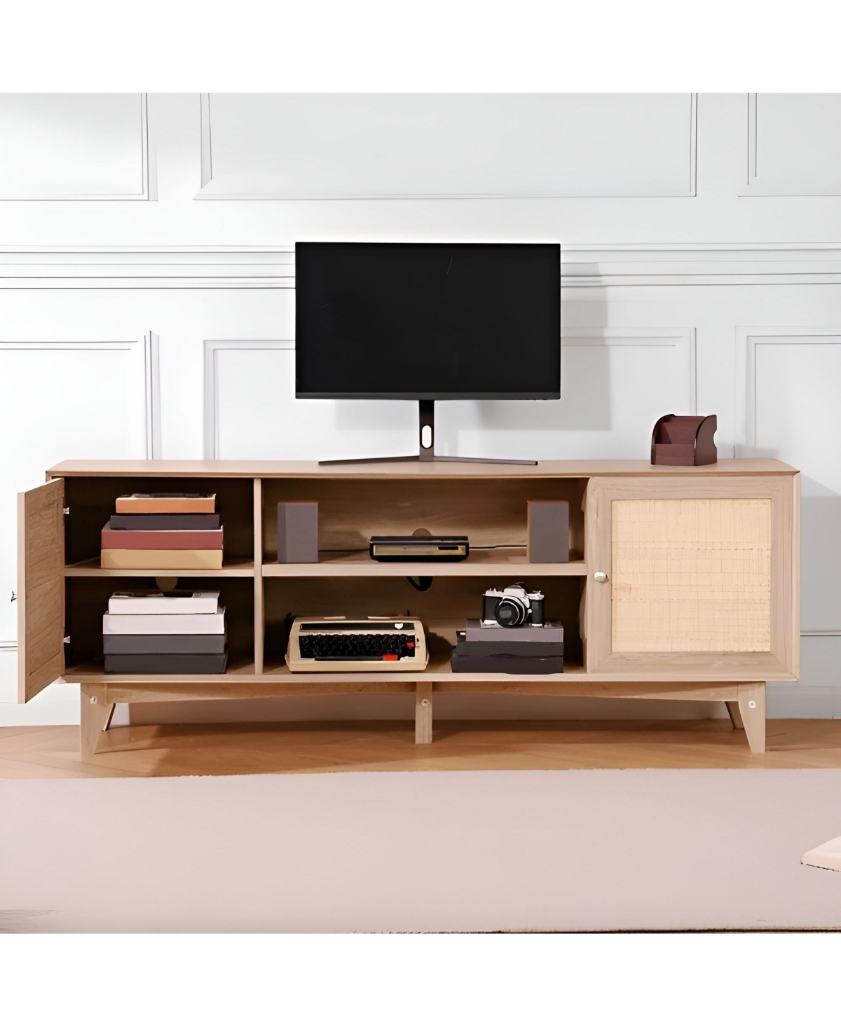 Slickblue Modern Rattan Tv Console with Built-In Power Socket, Storage Shelves for Bedroom and Media Room