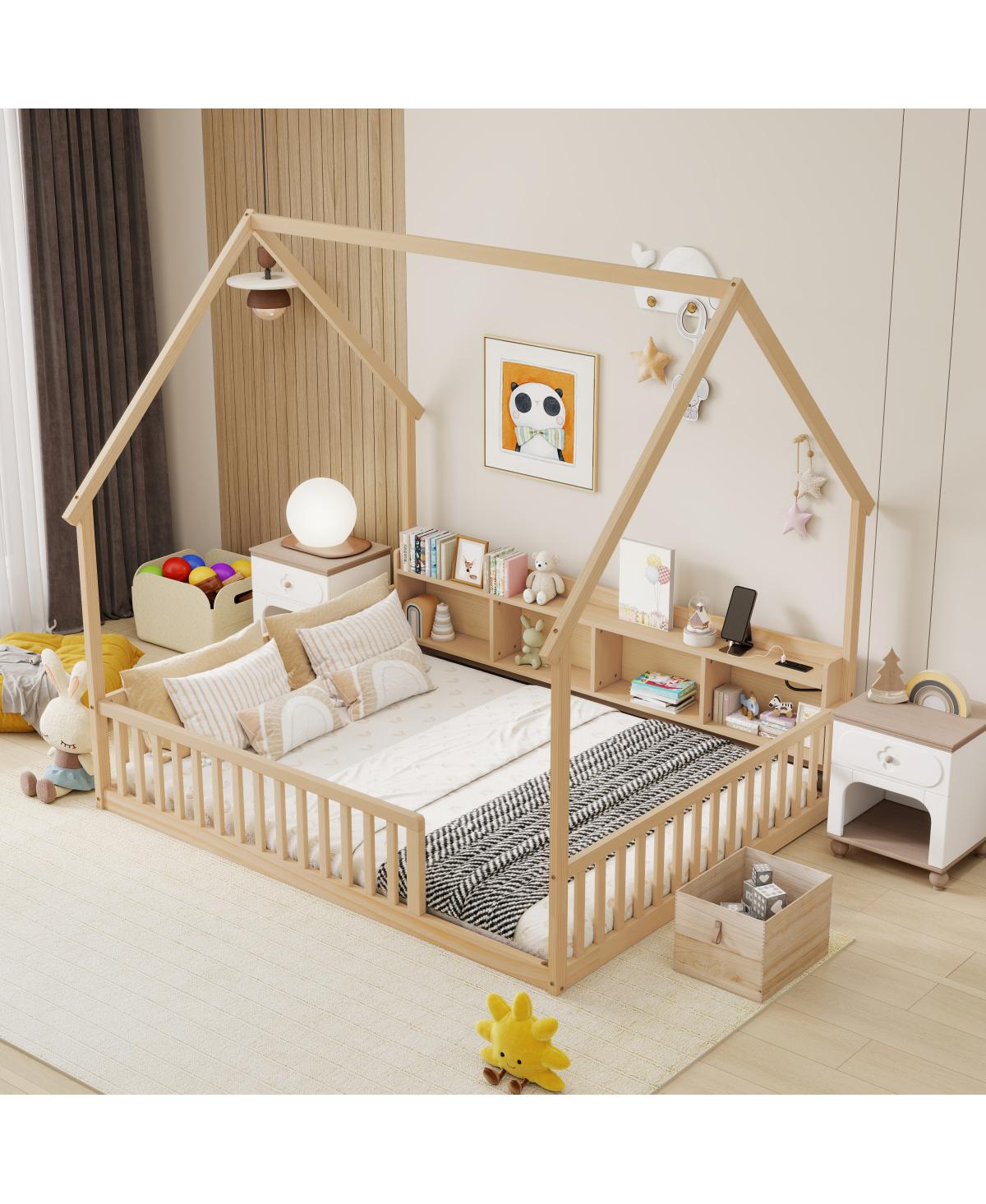 Streamdale Furniture Full House Floor Bed with Storage, Led, Charging Station and Guardrails