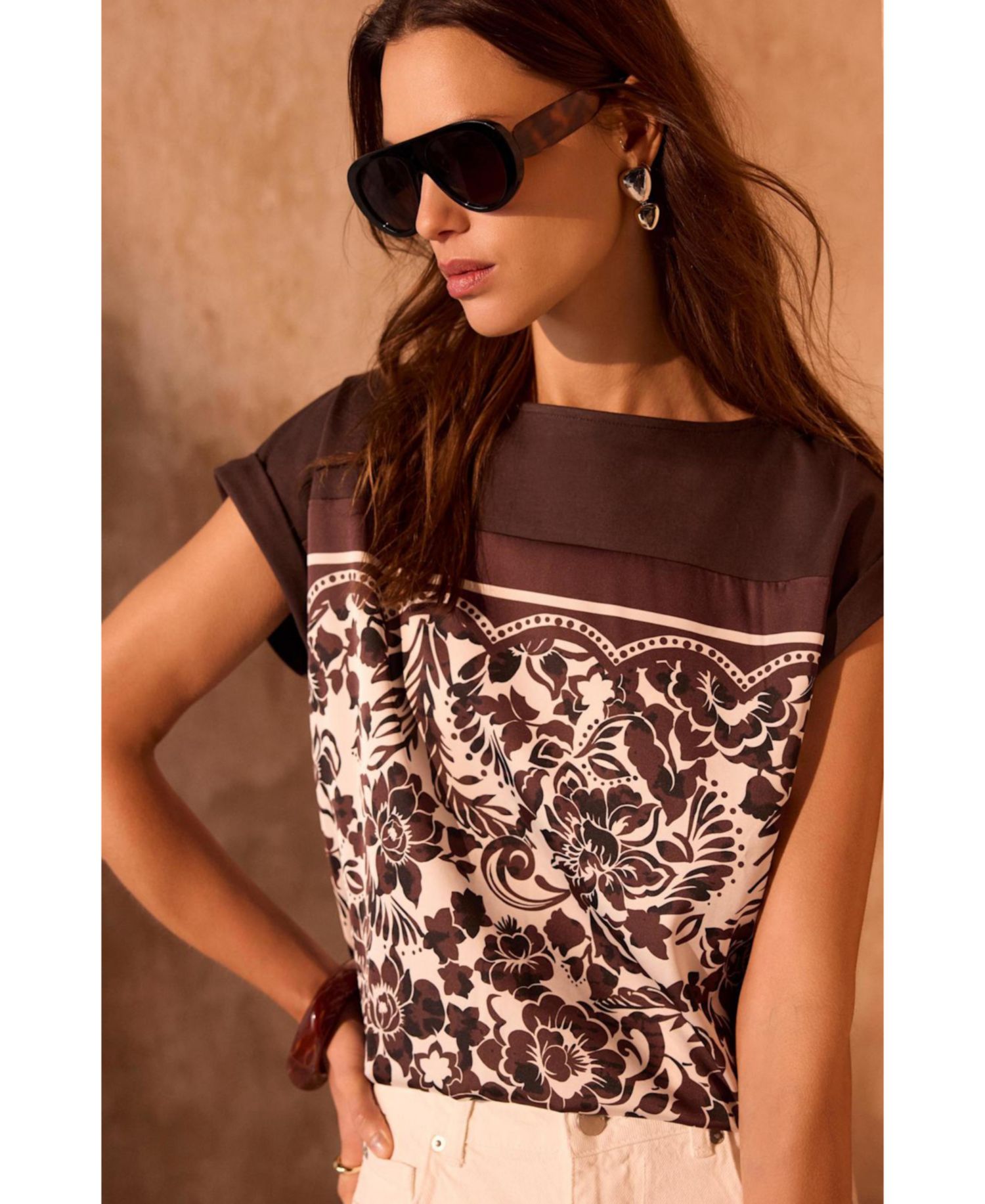 Women's Floral-Print Cap-Sleeve Crewneck Top
