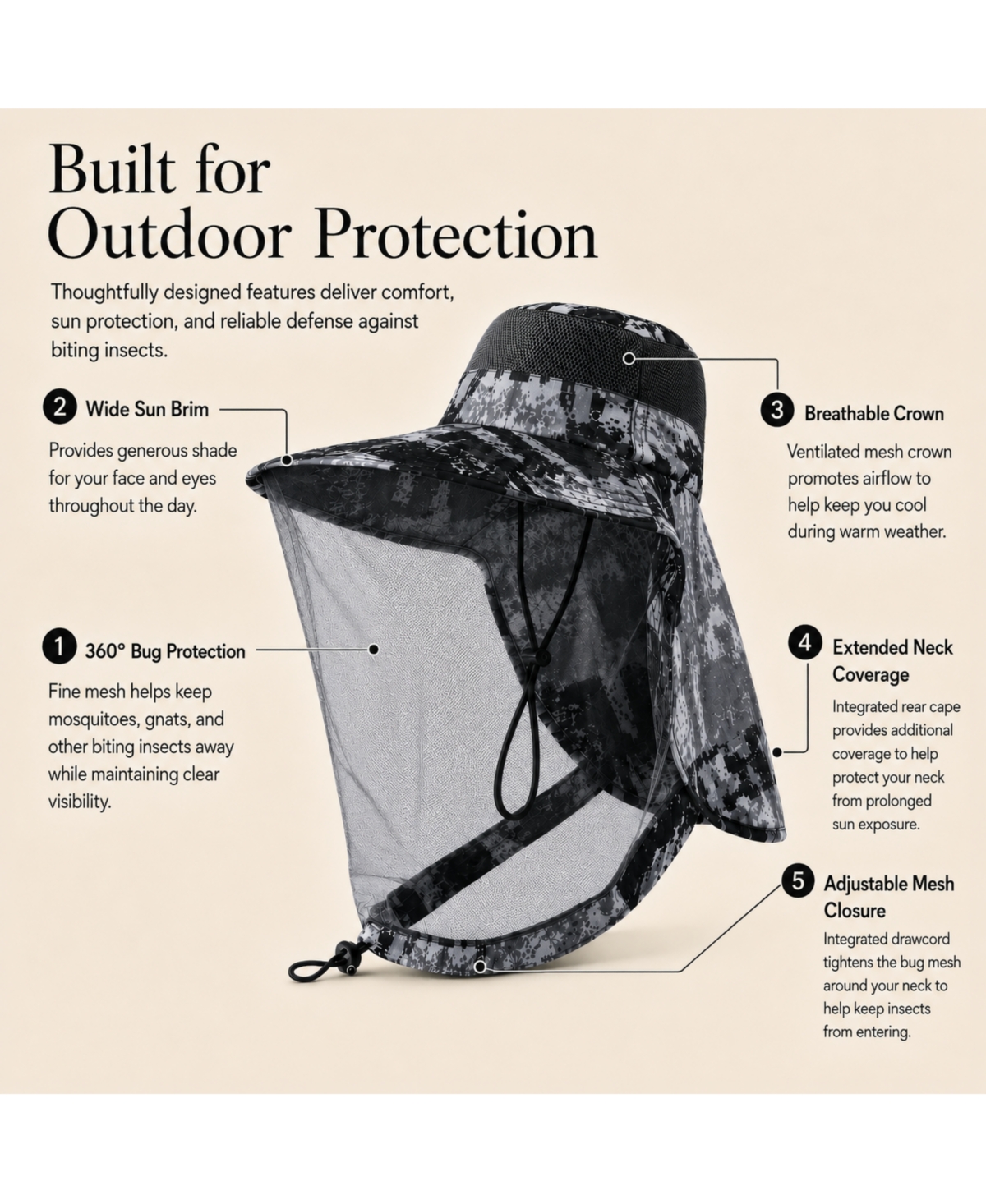 Ayamaya Upf 50+ Mosquito Net Sun Hat with Neck Flap | Wide Brim Bug and Protection for Fishing, Hiking Camping