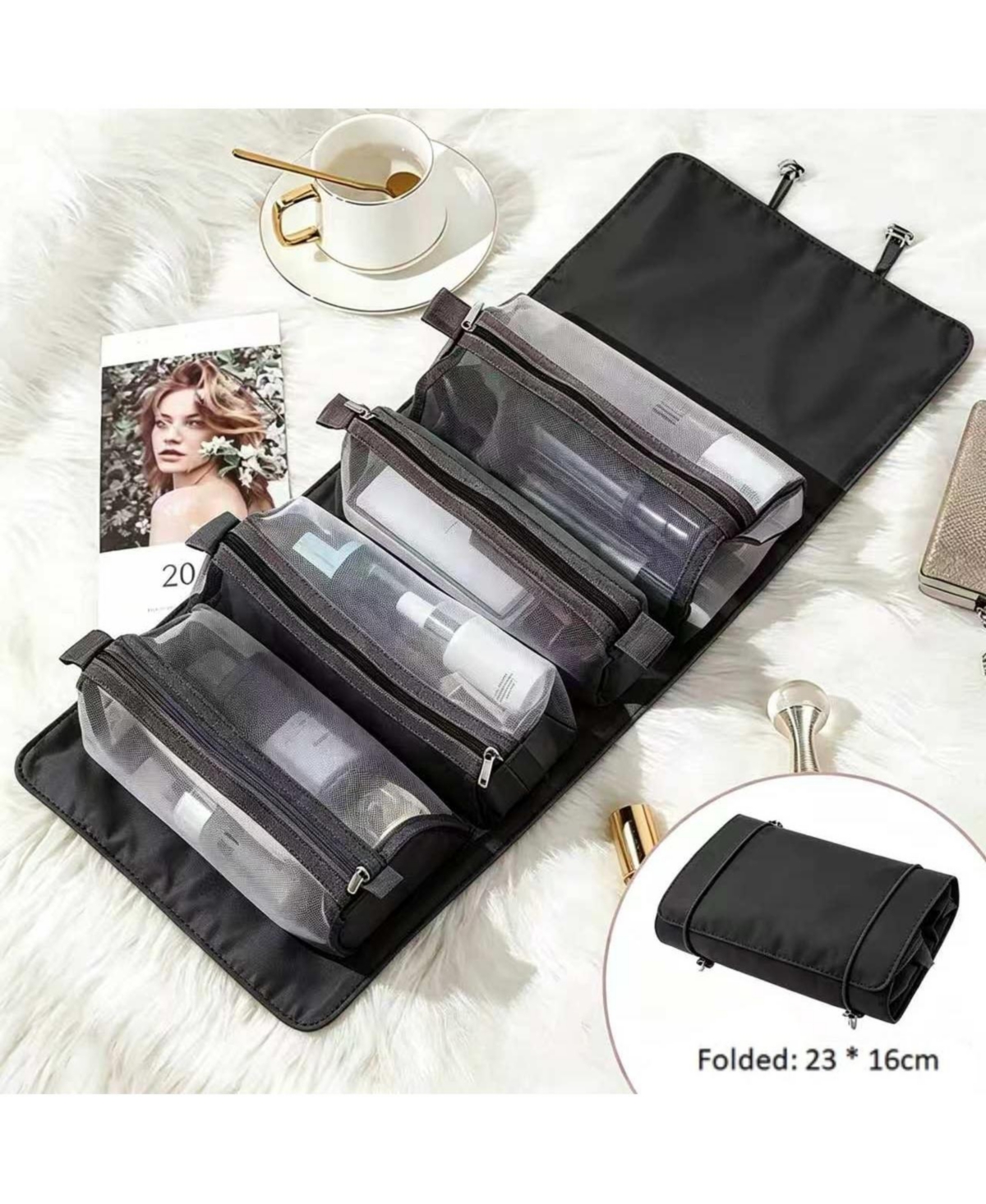 Mountaintop Travel Toiletry Bag Makeup Cosmetic Bag 4-in-1 Roll-Up Make Up Storage Organizer With 4 Zipper Pouches