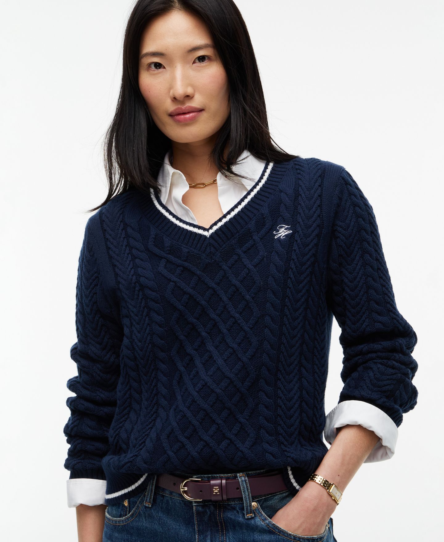 Женский свитер Tommy Hilfiger Cable-Knit V-Neck, цвет: Тёмный синий — фото 3