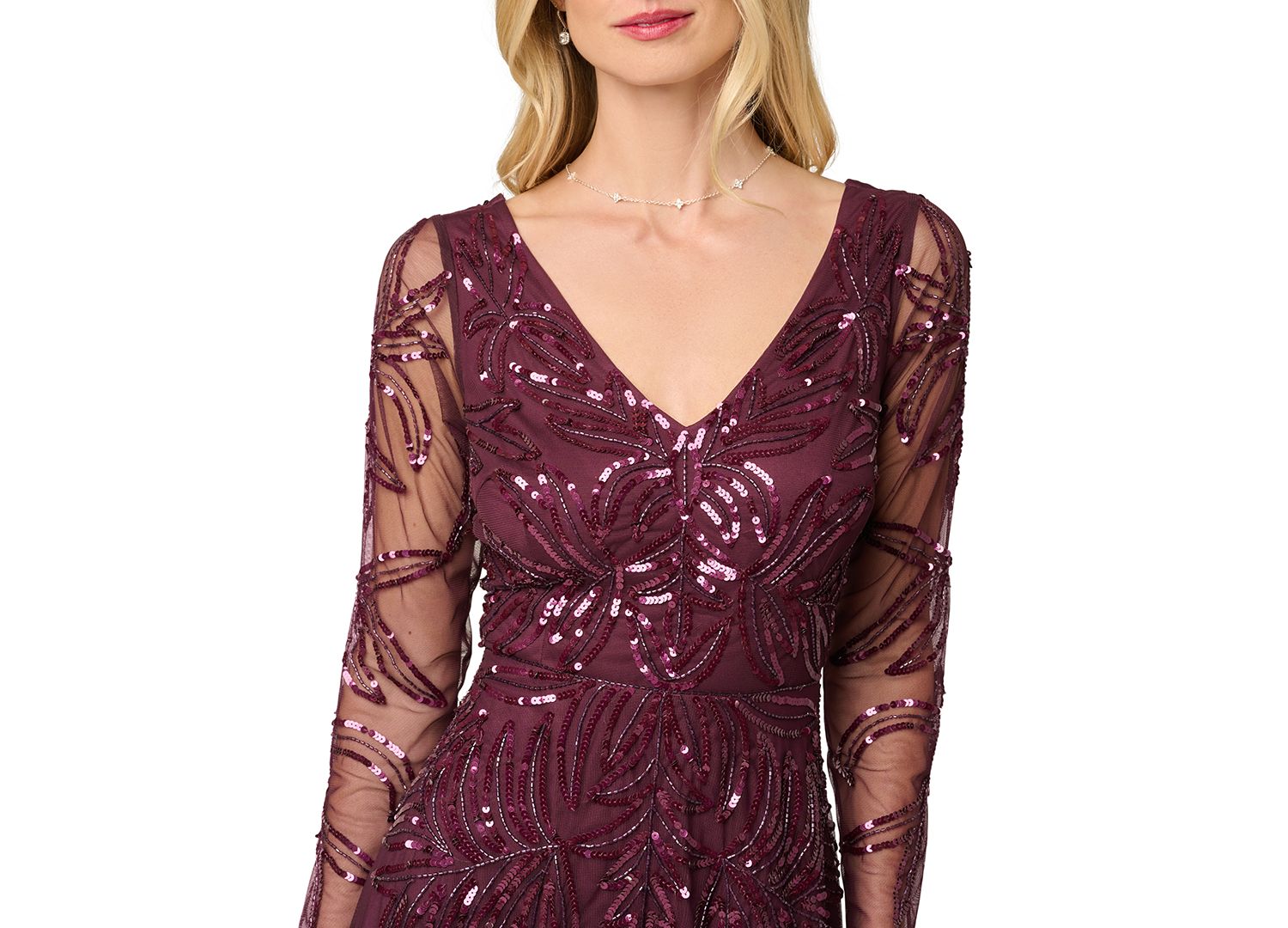 Petite Long-Sleeve Sequined V-Neck Gown