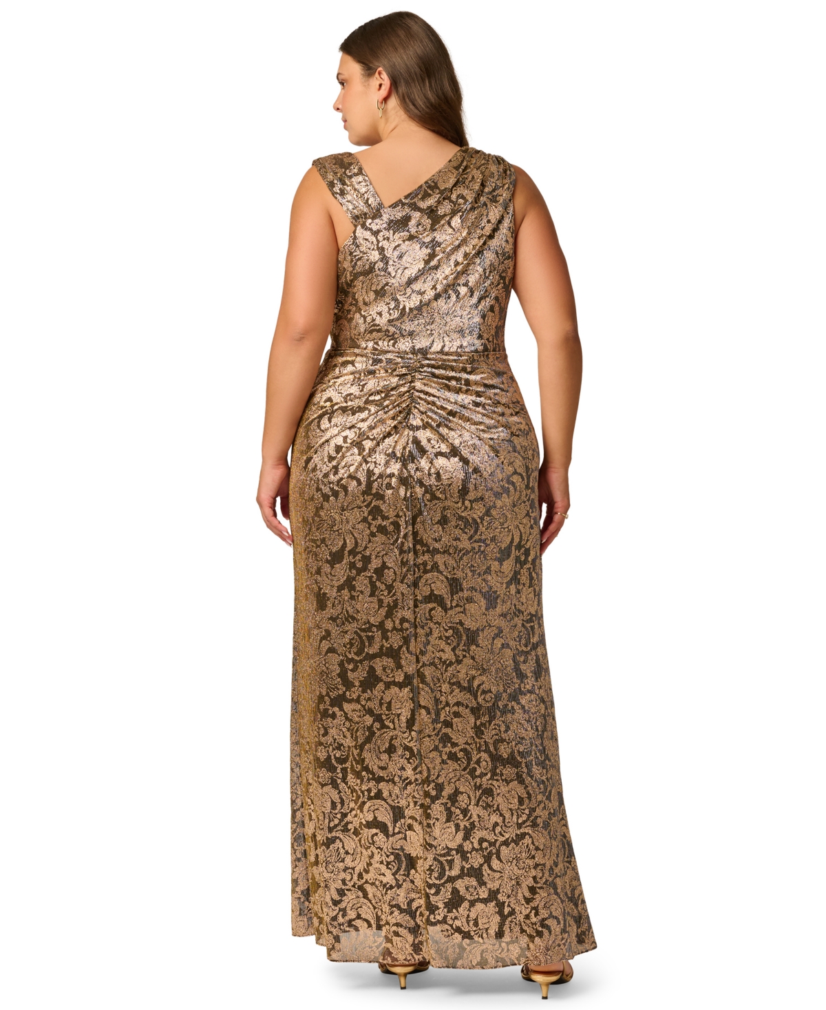 Adrianna Papell Petite Metallic-Floral Asymmetrical Neckline Sleeveless Gown