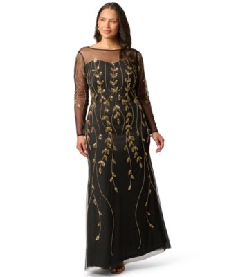 Plus Size Beaded Long-Sleeve Gown