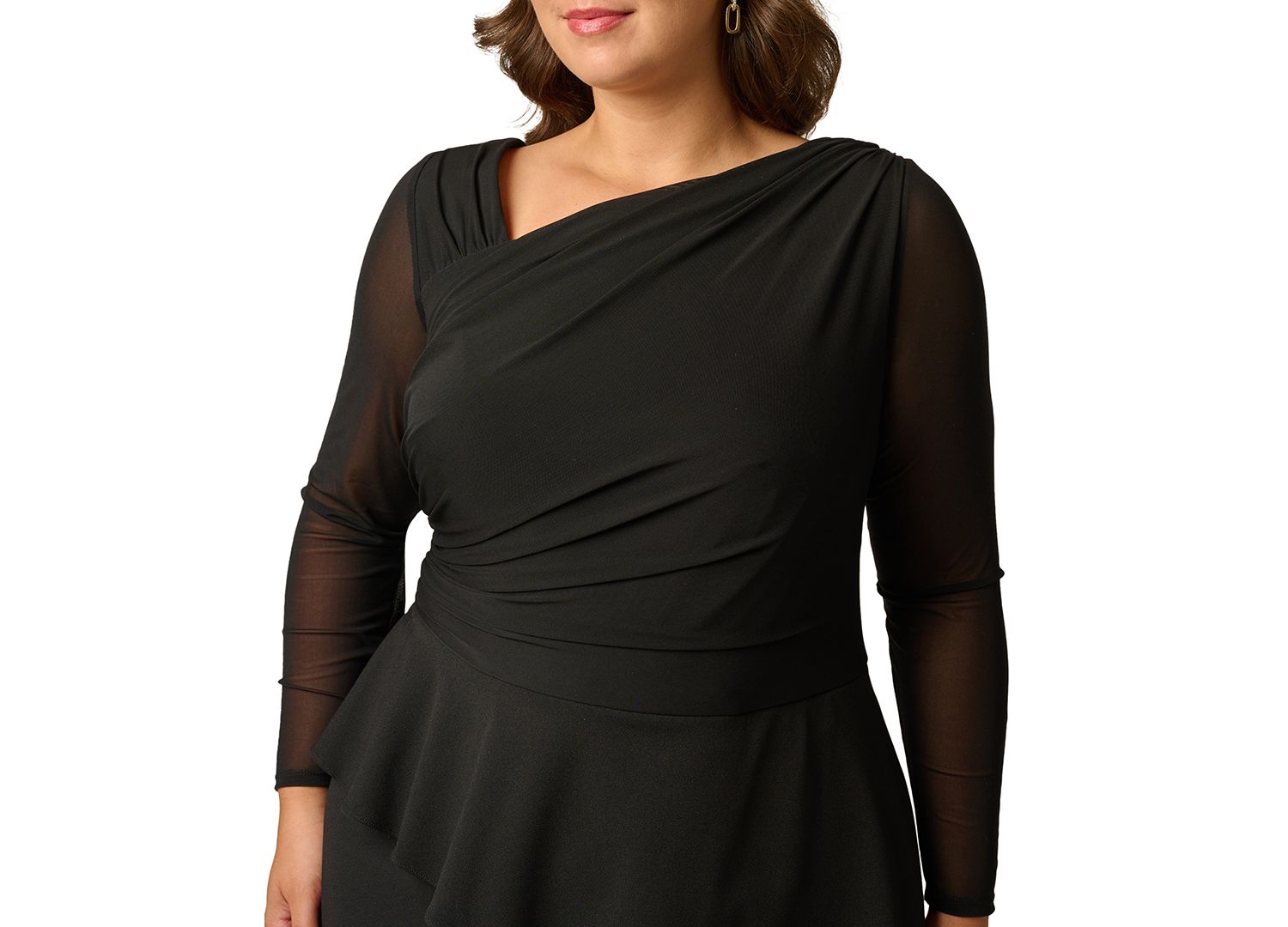 Plus Size Knit Crepe Combo Mesh Go Asymmetrical Long-Sleeve Dress