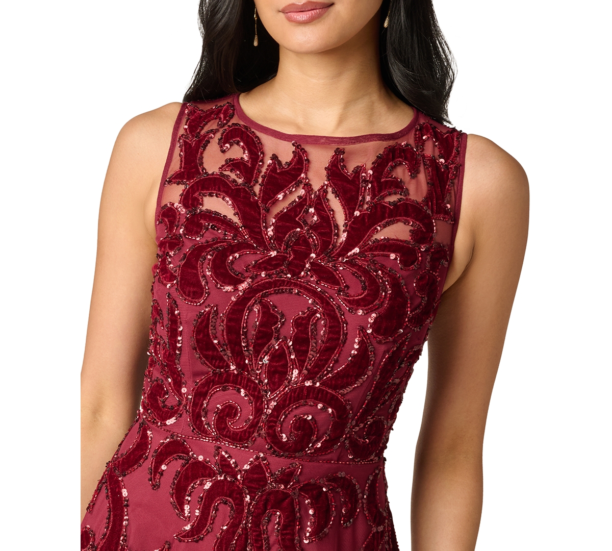 Adrianna Papell Women's Illusion Bead Mesh Long Wedding Guest Beaded Dress