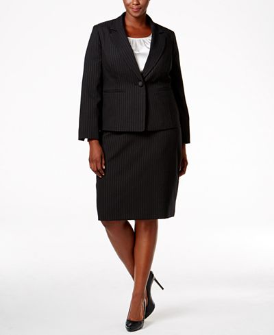 Le Suit Plus Size Three-Piece One-Button Pinstriped Skirt Suit