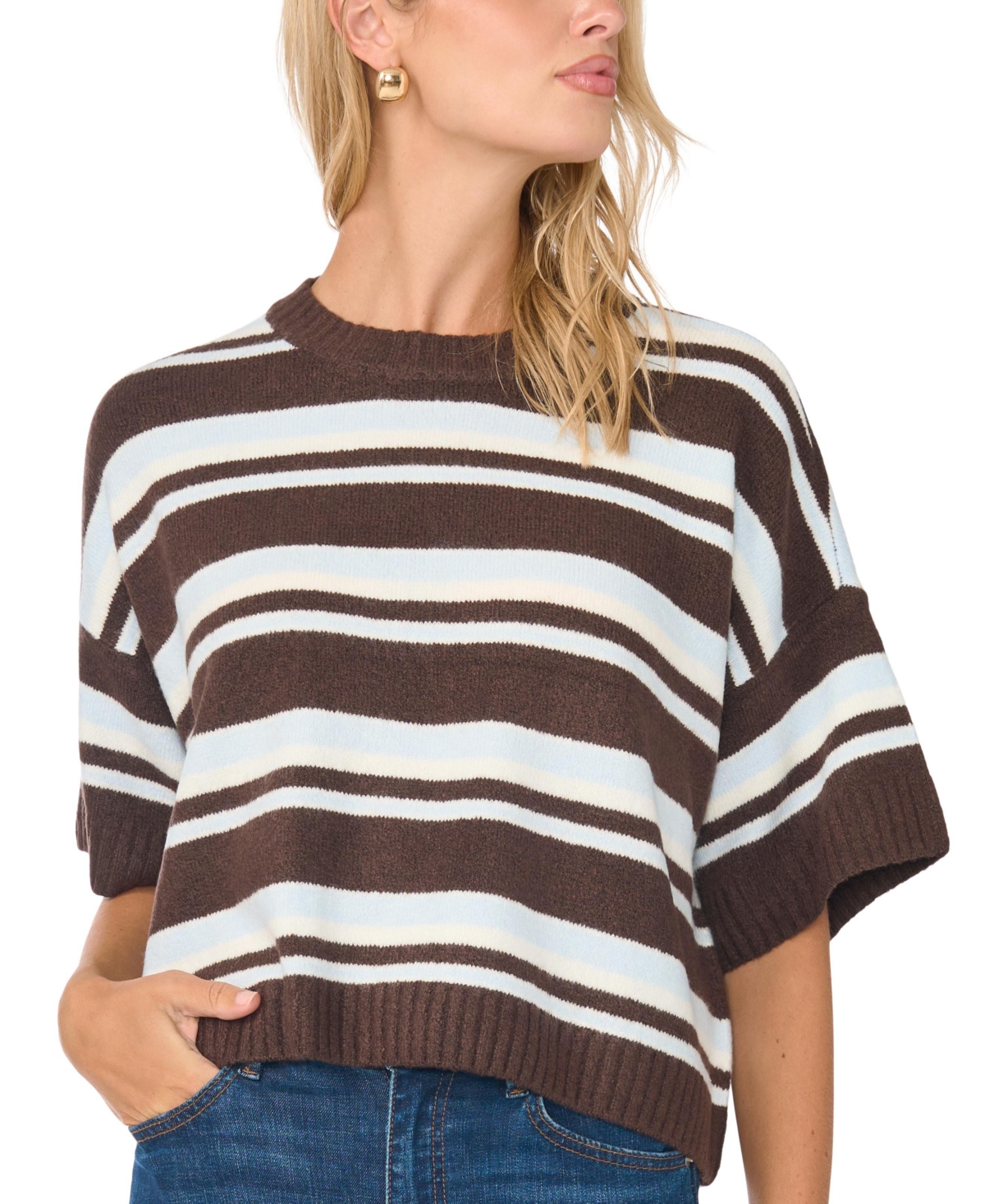 Vince Camuto Women's 3/4-Sleeve Oversized Exposed-Seam Crewneck Sweater