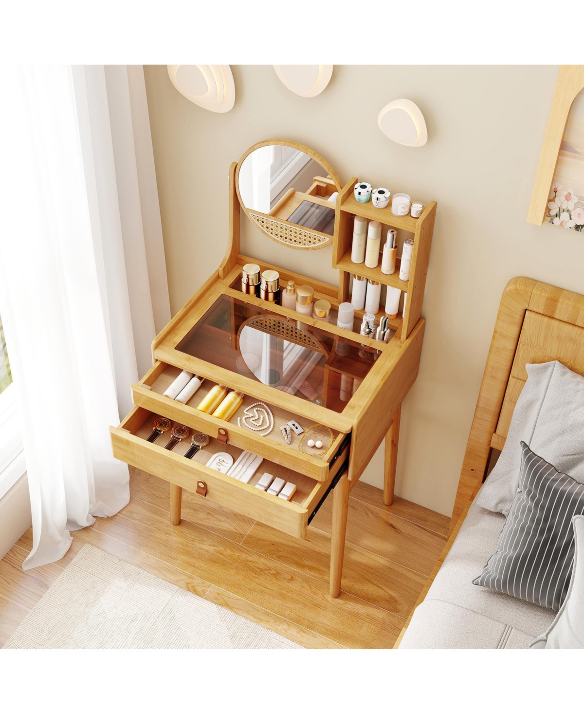 Slickblue Small Vanity Desk and Stool Set with Mirror and 2 Drawers
