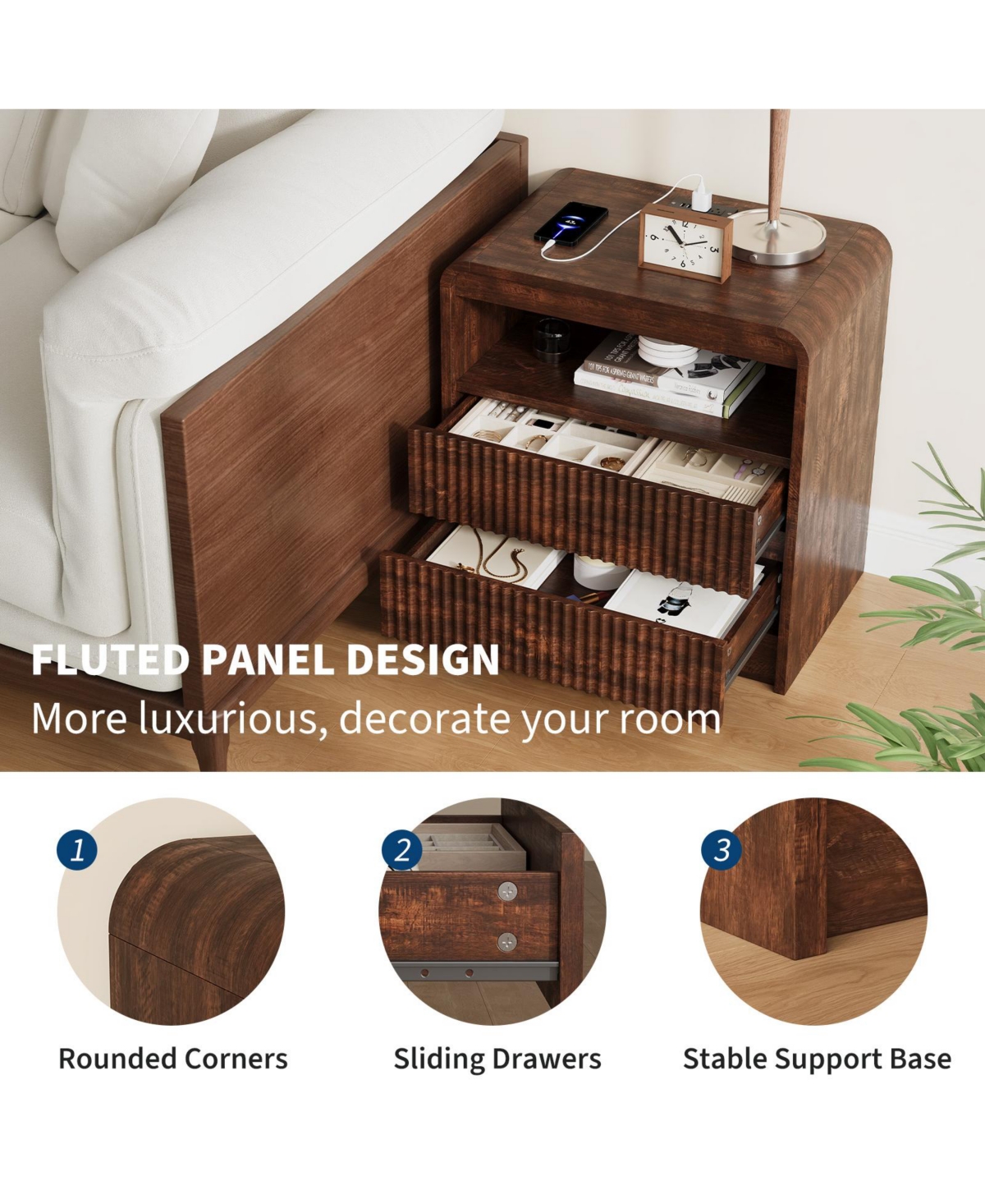 homfan Set of 2 Brown Fluted Nightstands with Charging Station and 2 Drawers