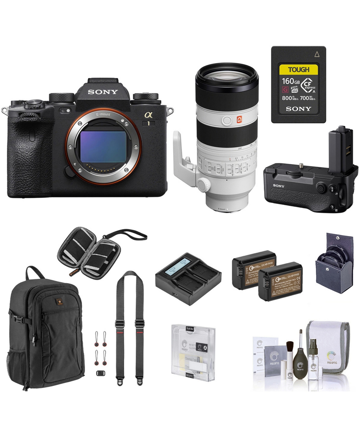 Sony Alpha 1 Mirrorless Camera with Fe 70-200mm f/2.8 Lens, Bundle w/Vg-C4EM Grip, 160GB CFexpress Card, Backpack, 72mm Filter Kit, 2x Battery, Dual