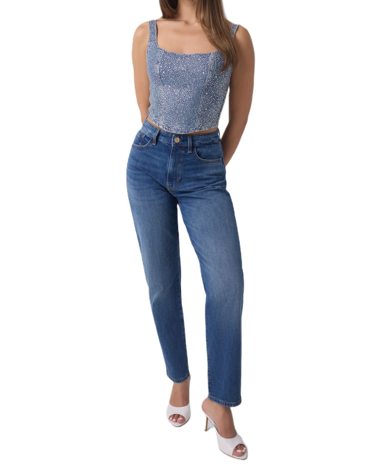 Women's Gala Square-Neck Embellished Sleeveless Denim Bustier