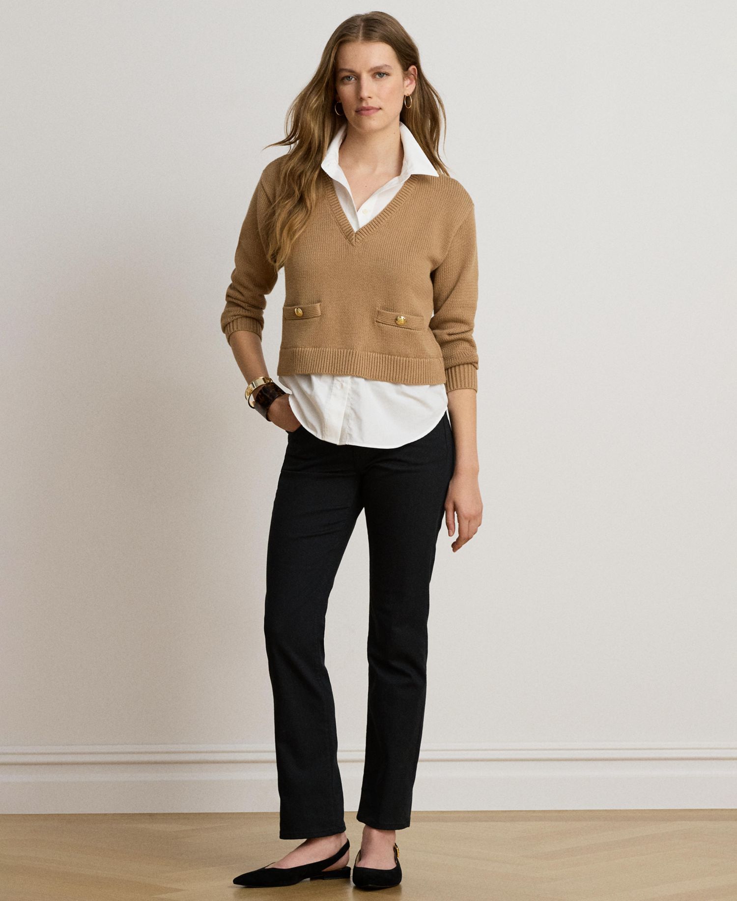 Women's V-Neck Long-Sleeve Relaxed-Fit Cotton Sweater