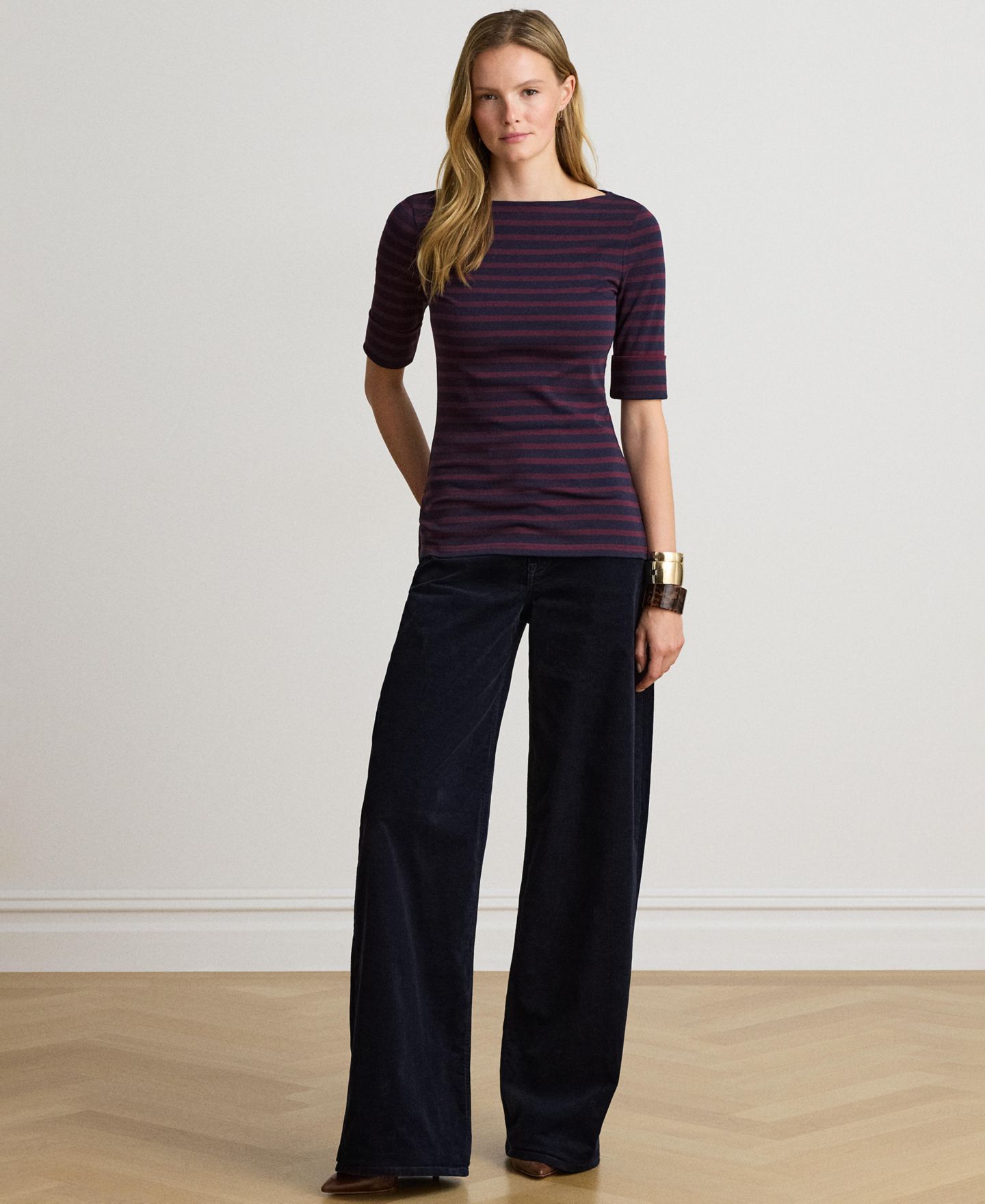 Женский топ Lauren Ralph Lauren Striped Stretch Cotton Boat Neck, цвет: Тёмно-синий / Гранатовый — фото 2
