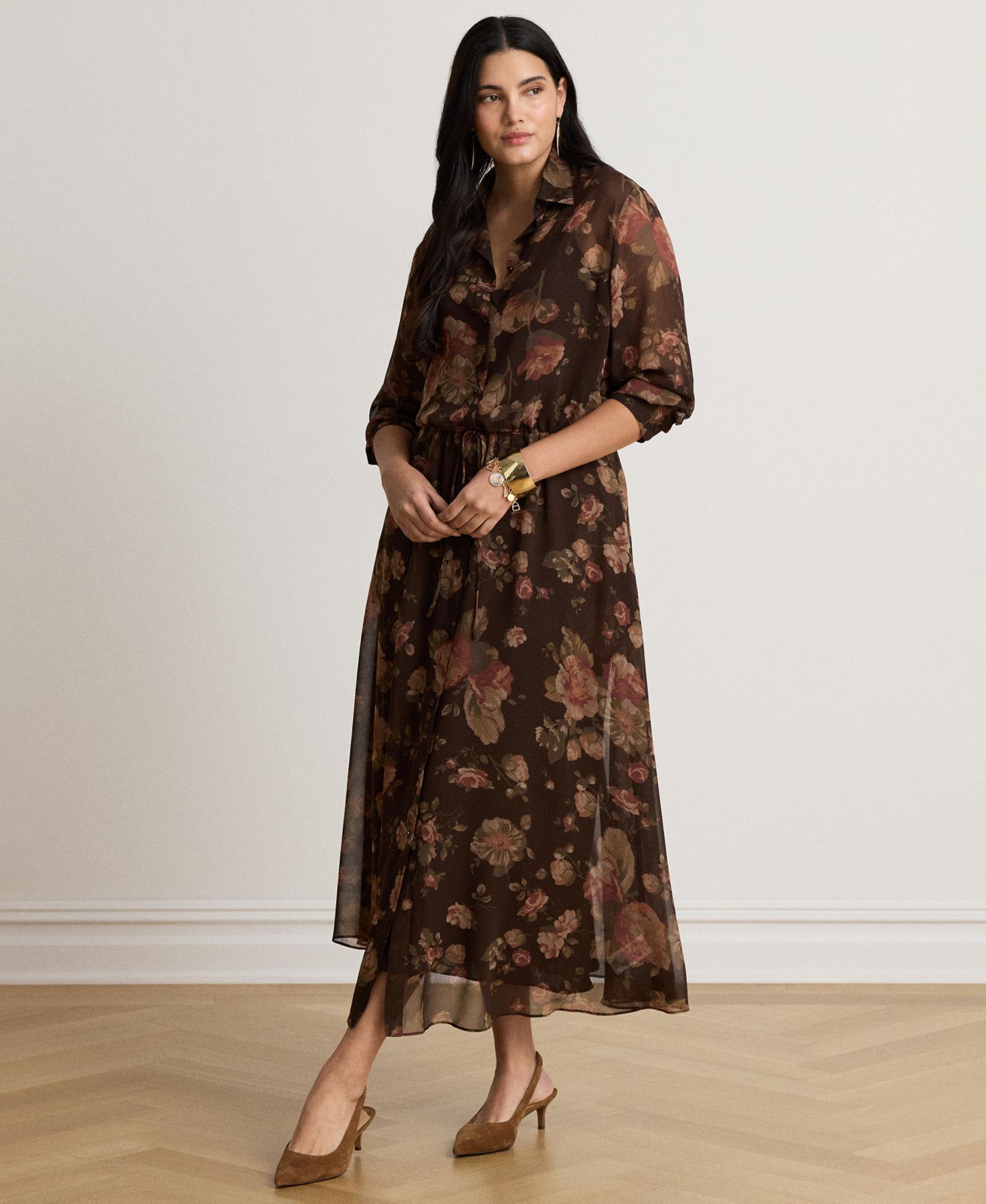 Женское платье Lauren Ralph Lauren Floral-Print Chiffon Shirtdress, цвет: Коричневый разноцветный — фото 3