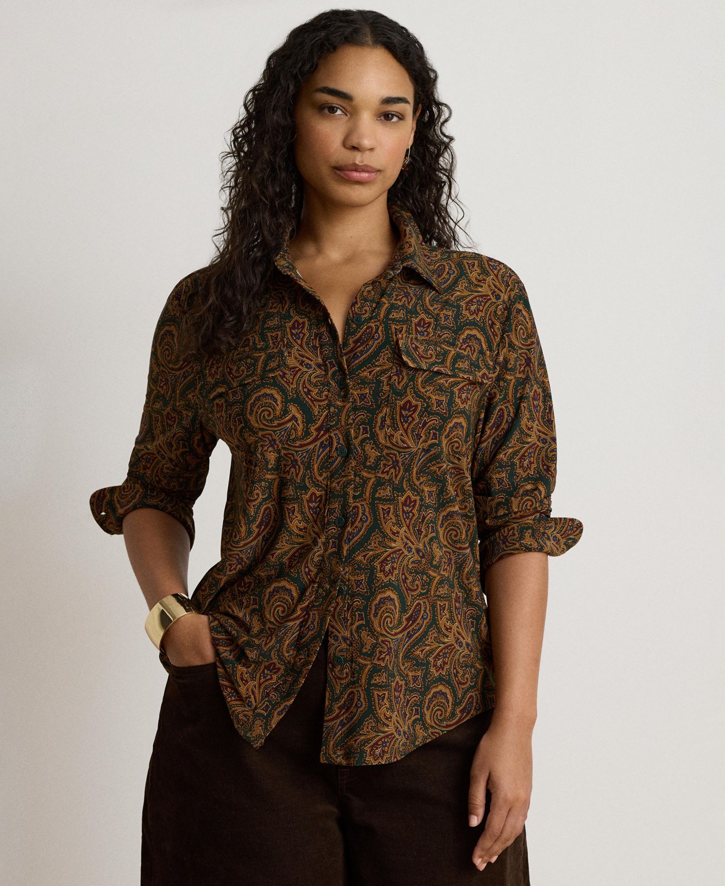 Женская блузка Lauren Ralph Lauren Paisley Stretch Jersey Shirt Long-Sleeve Button-Up Blouse, цвет: Зелёный разноцветный — фото 2