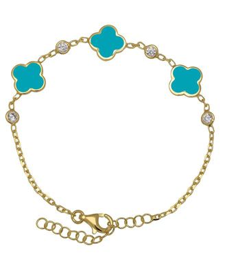 Girls Clovers and Cubic Zirconia Bezel Station Chain Link Bracelet in 14K