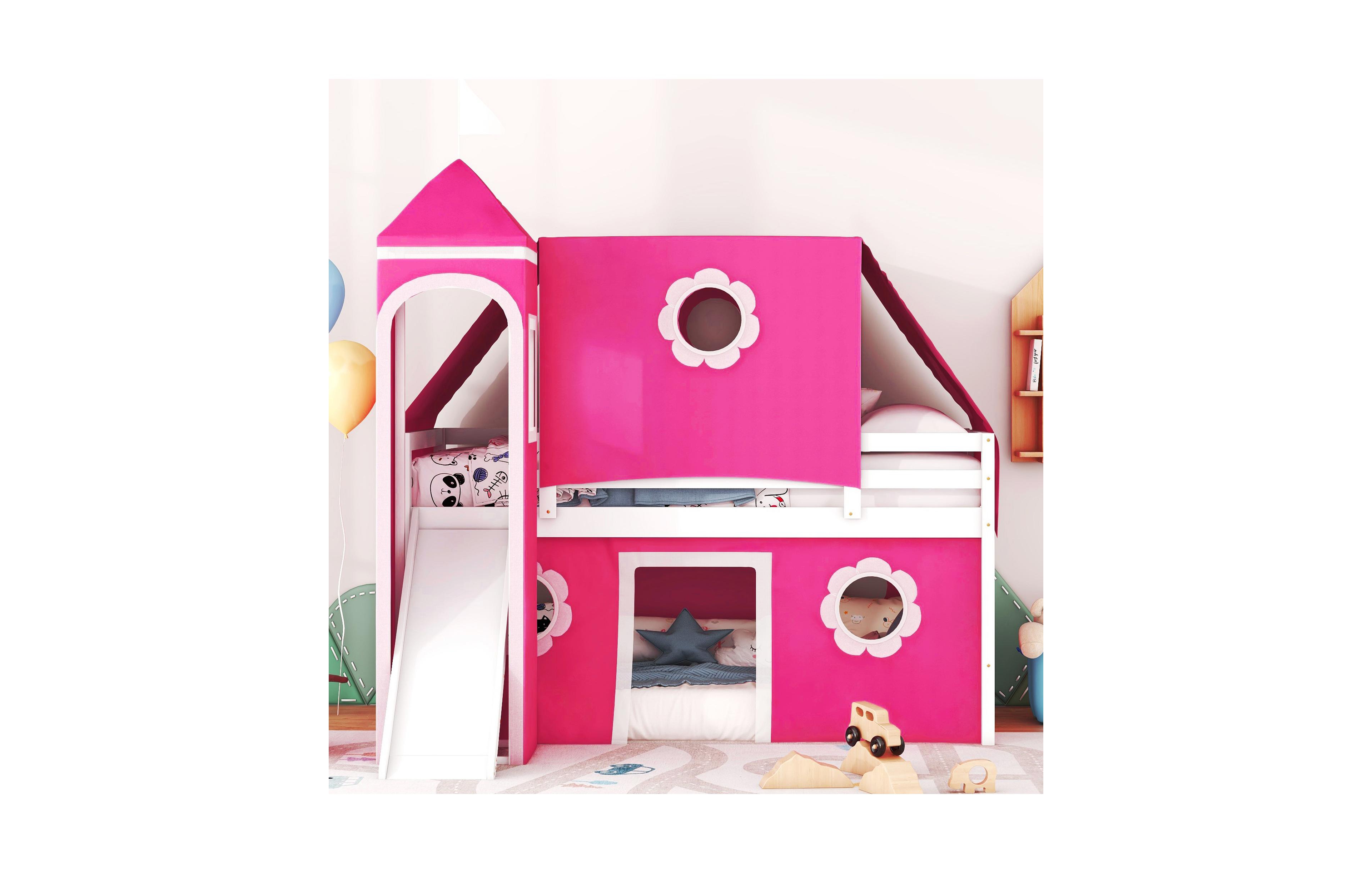 Clihome Twin Size Loft Bed with Slide Tent and Tower