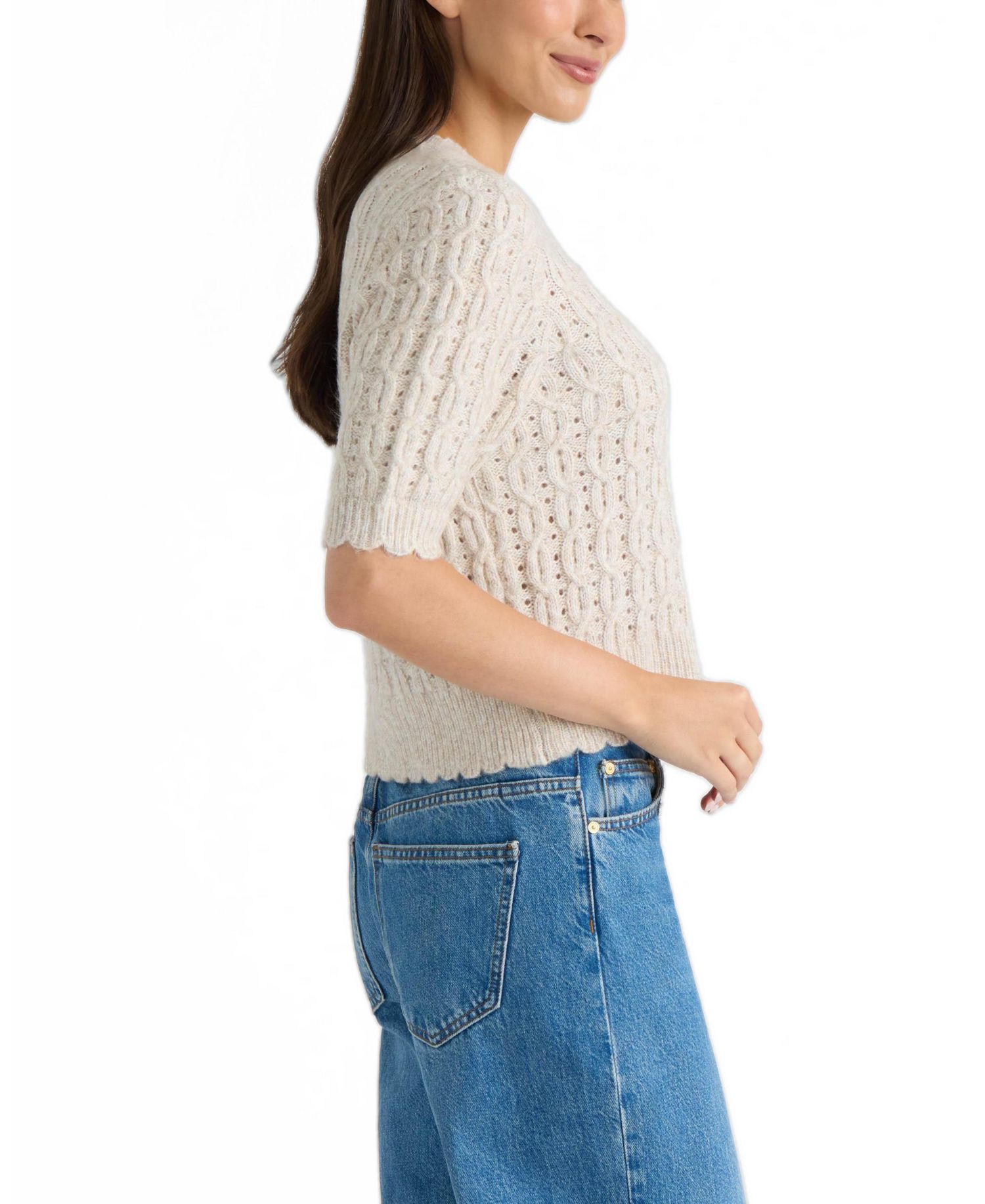 Women's Openwork Scalloped-Edge Short-Sleeve Cardigan
