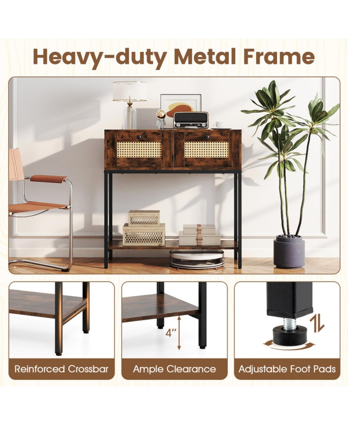 Sugift Boho Rattan Console Table with 2 Woven Drawers and Open Storage Shelf