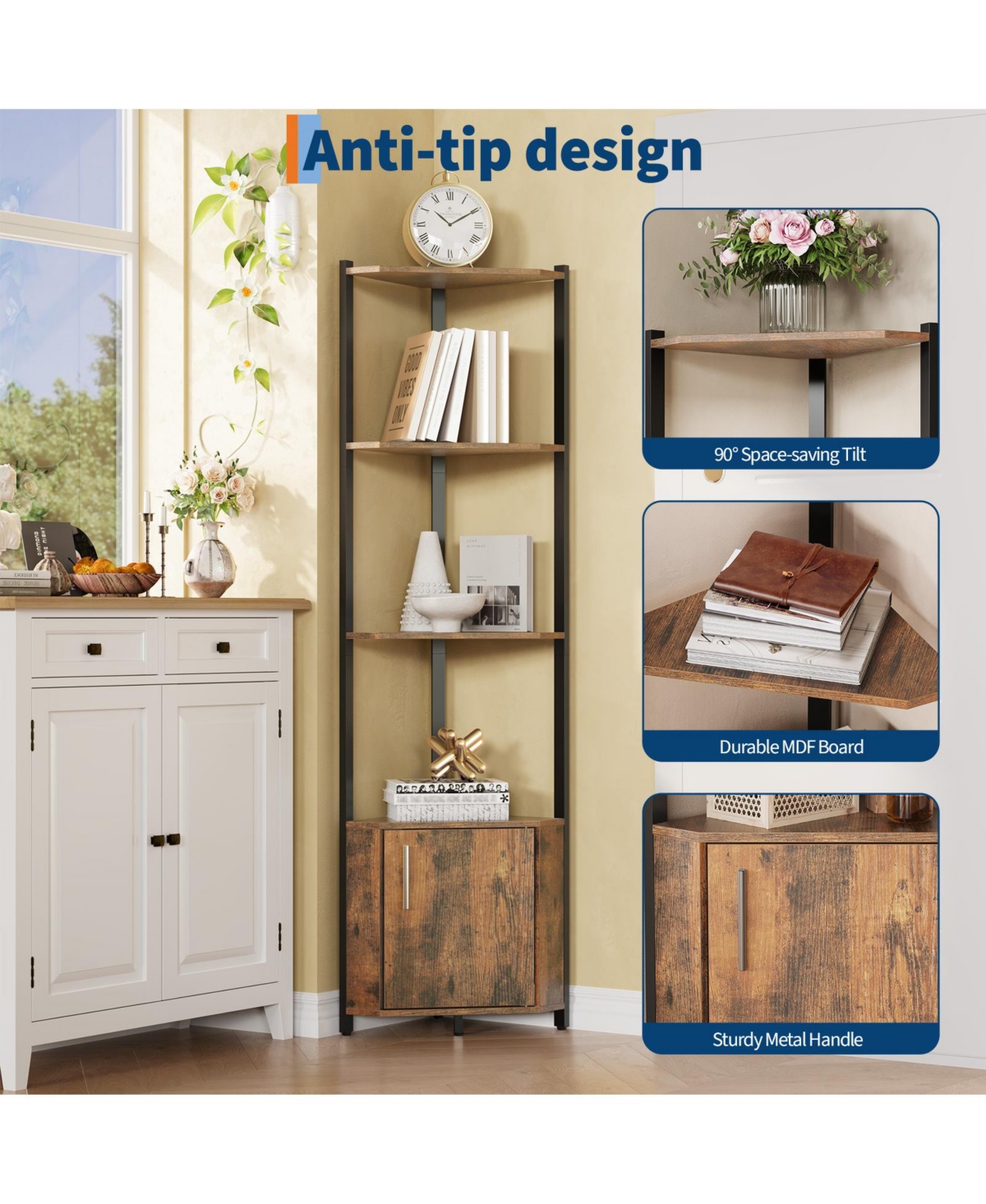 homfan Space-Saving 5-Tier Corner Shelf - 57 Inch Height - Metal Frame and Wood Shelves - for Living Room, Bedroom, Kitchen, Bathroom